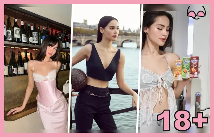รูปปกบทความ ญาญ่า อุรัสยา แบบคอลลาจ 3 ภาพ พร้อมสัญลักษณ์ 18+